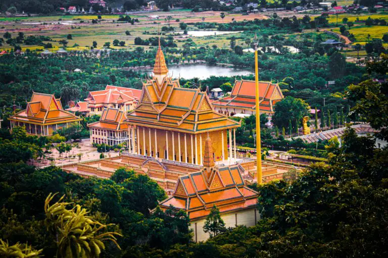 Crassula Pagoda integrated in a garden landscape with orange roof pagodas