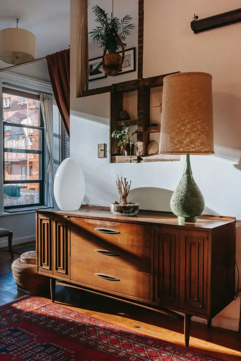Vintage wooden cabinet with Crassula plant decor on parquet floor in spacious room illuminated by daylight