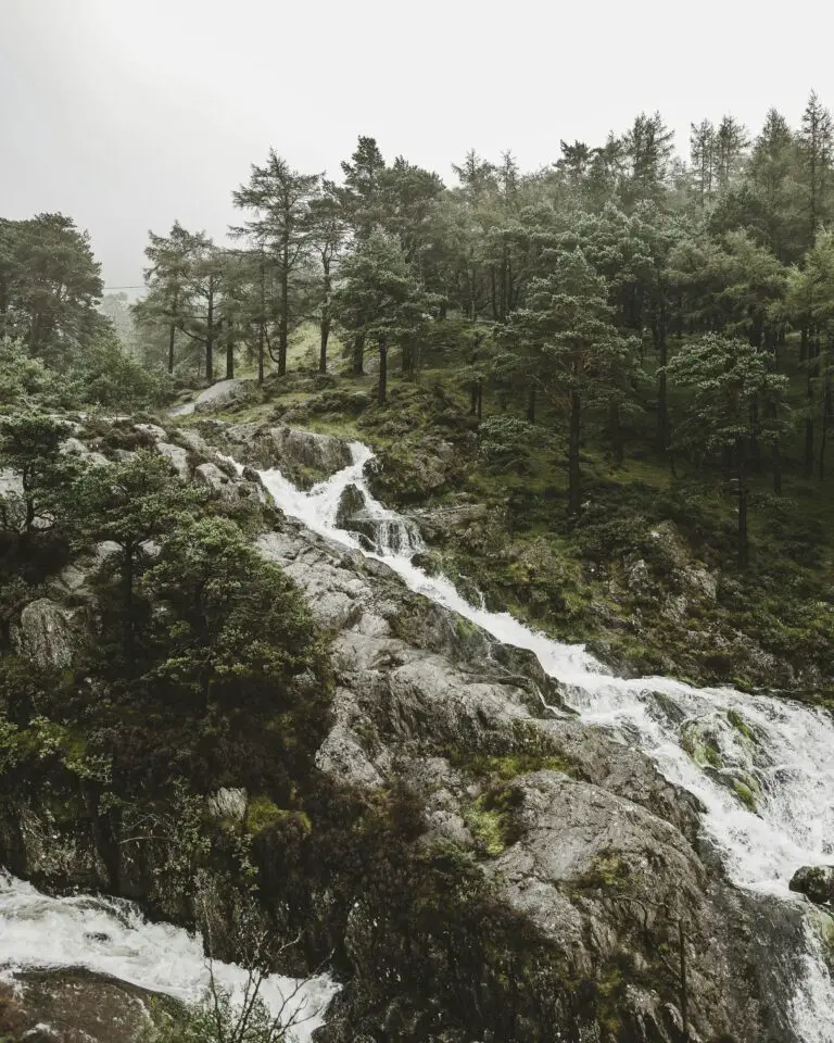 how do sedimentary rock layers form - Waterfall on green hills with woods